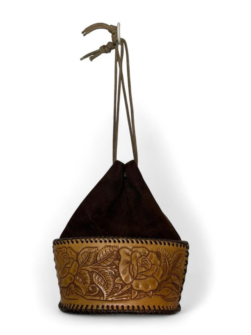 Brown Leather Drawstring Bucket Bag with Tooled Floral Trim